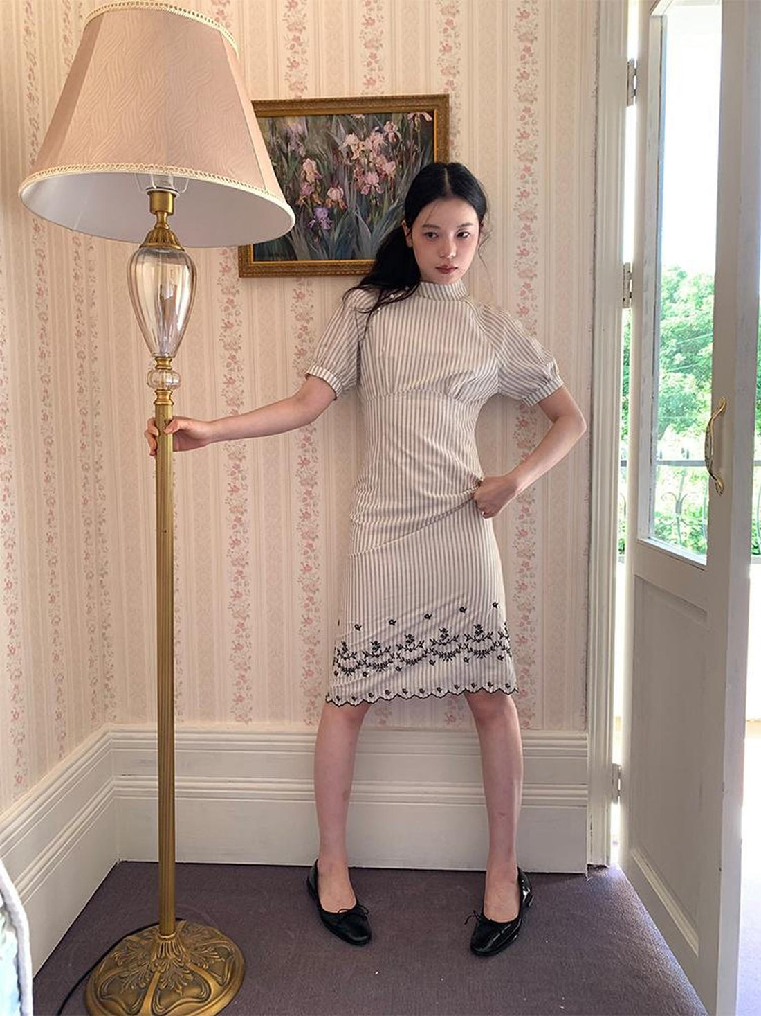 Dorydory Retro Stripe Embroidered Cotton Qipao Dress V-Neck Long-Sleeve