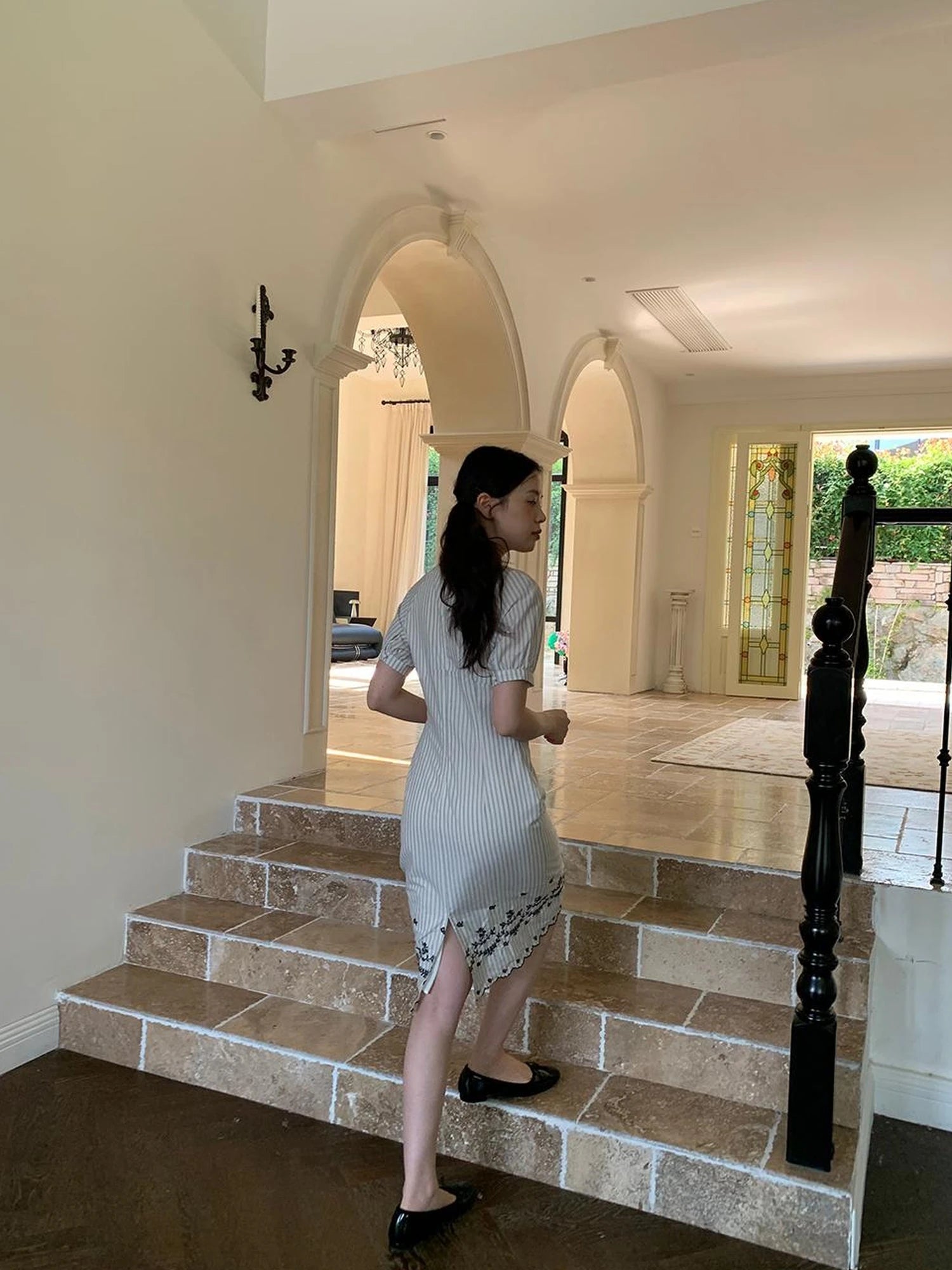 Retro Stripe Embroidered Cotton Qipao Dress V-Neck Long-Sleeve