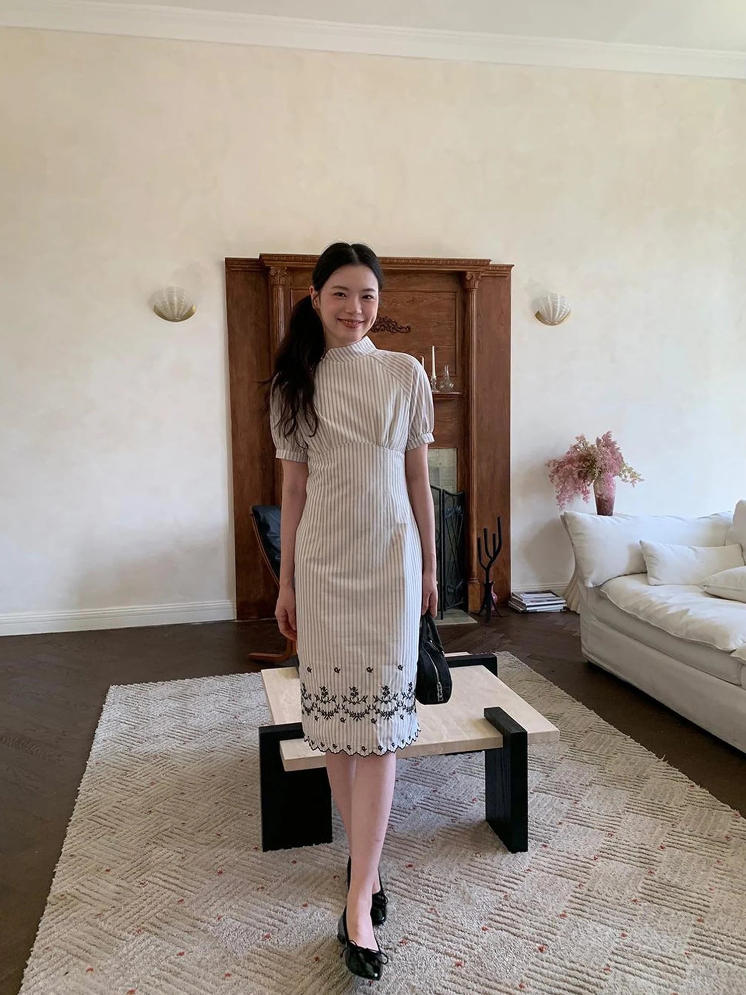 Retro Stripe Embroidered Cotton Qipao Dress V-Neck Long-Sleeve