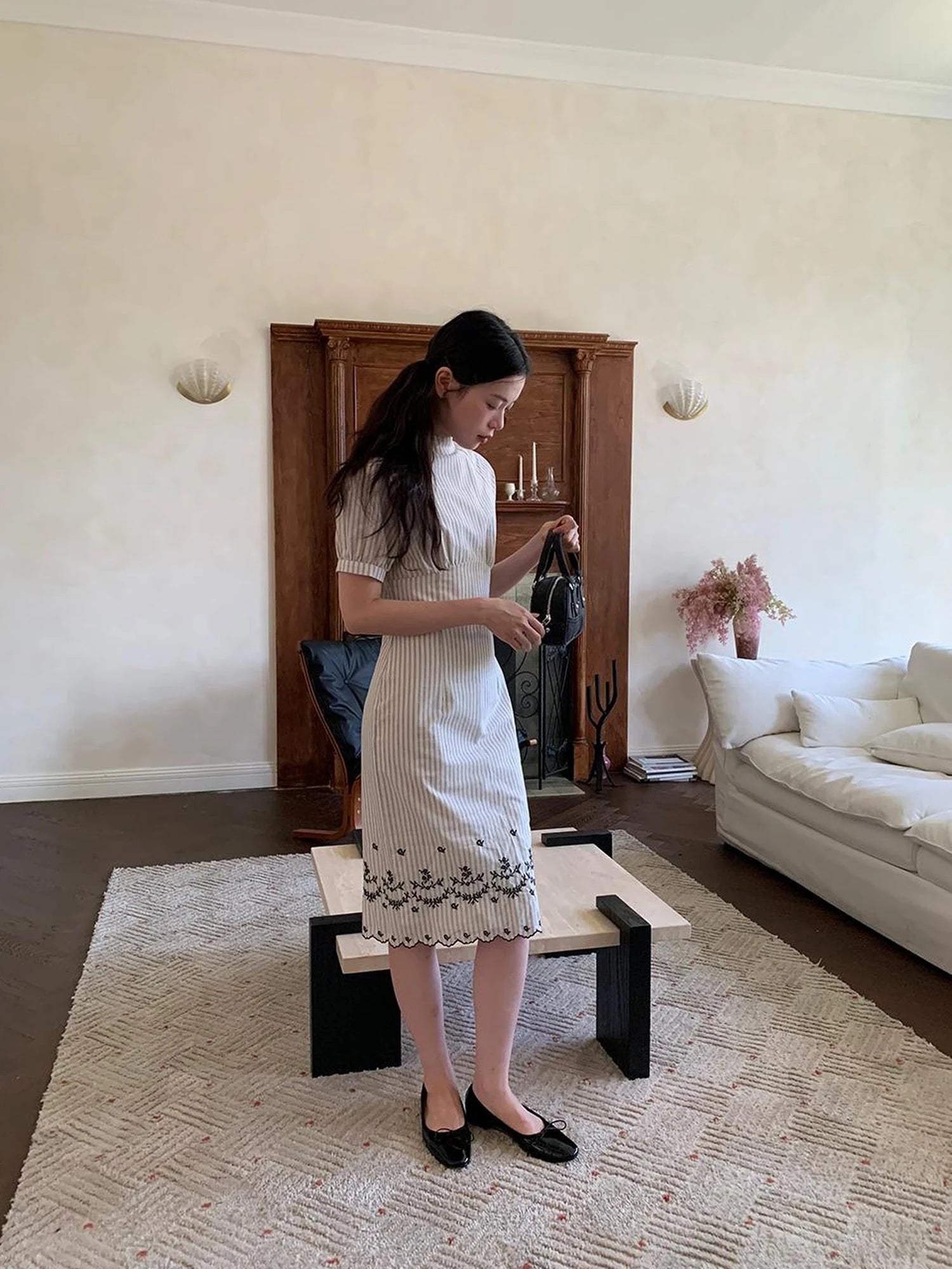 Retro Stripe Embroidered Cotton Qipao Dress V-Neck Long-Sleeve