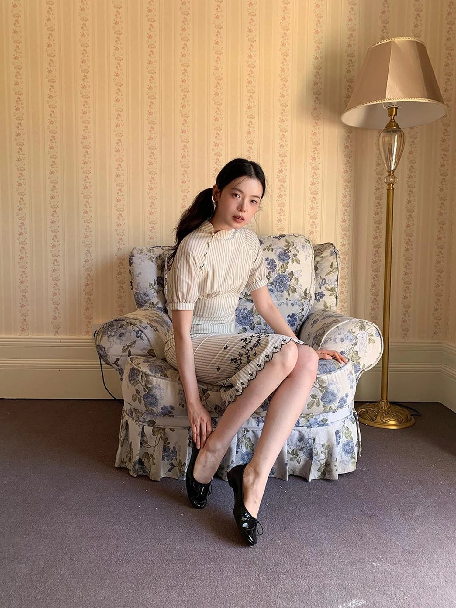 Retro Stripe Embroidered Cotton Qipao Dress V-Neck Long-Sleeve