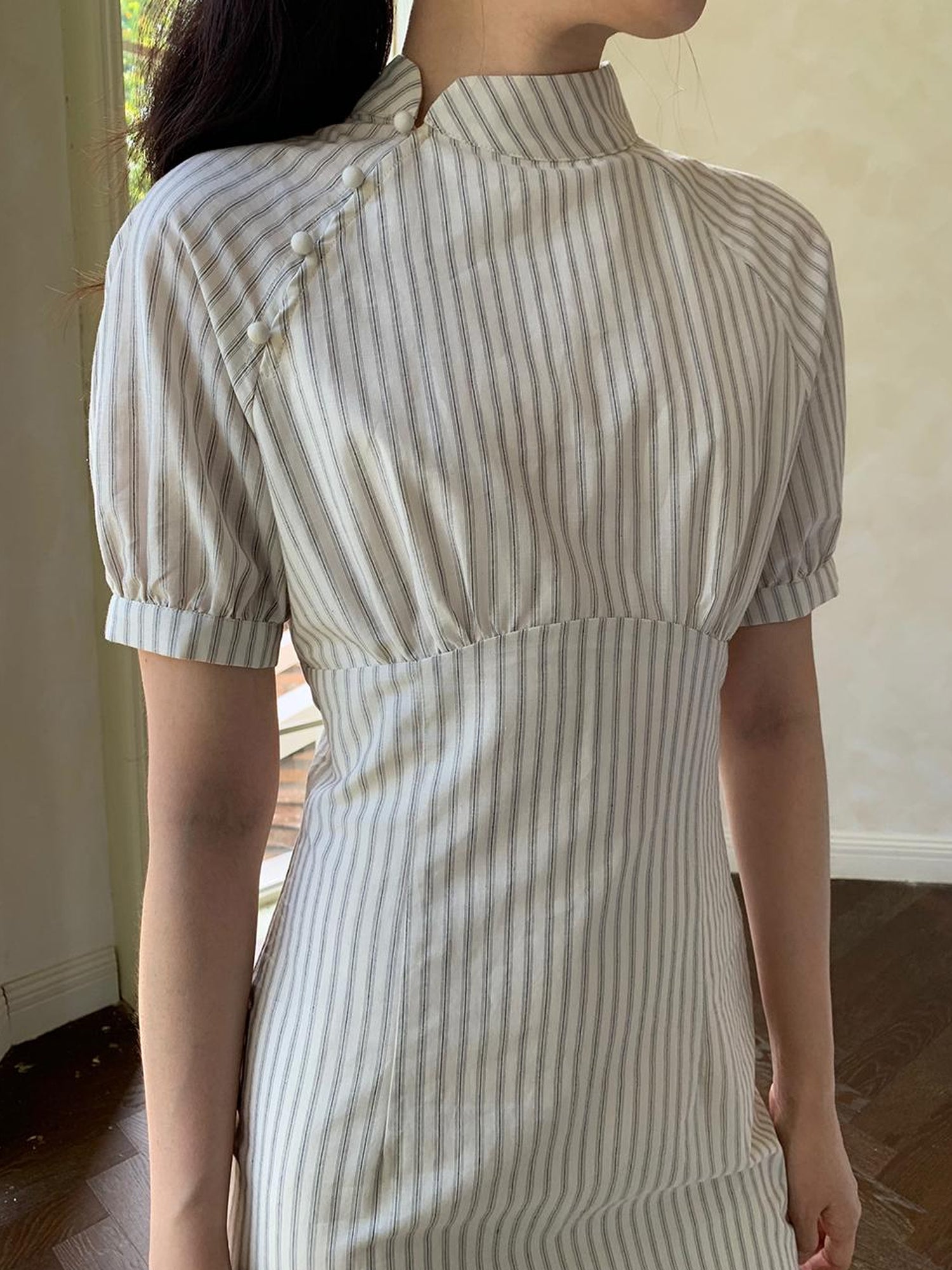 Dorydory Retro Stripe Embroidered Cotton Qipao Dress V-Neck Long-Sleeve