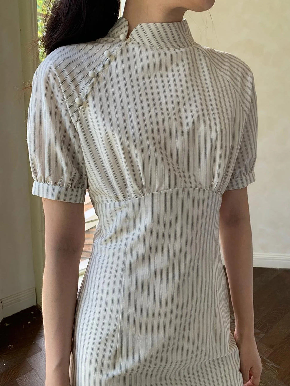 Retro Stripe Embroidered Cotton Qipao Dress V-Neck Long-Sleeve