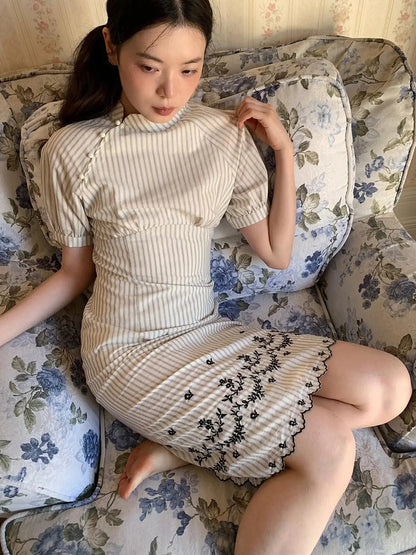 Retro Stripe Embroidered Cotton Qipao Dress V-Neck Long-Sleeve