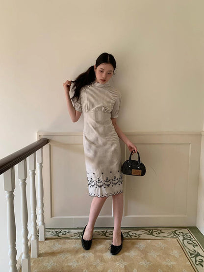 Retro Stripe Embroidered Cotton Qipao Dress V-Neck Long-Sleeve