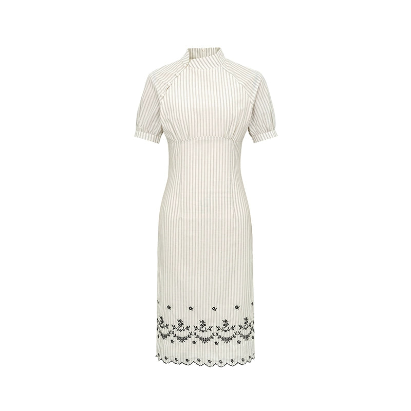 Dorydory_Retro_Stripe_Embroidered_Cotton_Qipao_Dress_V-Neck_Long-Sleeve_MISSTT