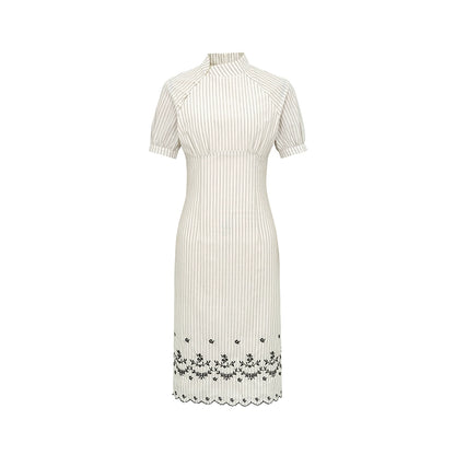Dorydory_Retro_Stripe_Embroidered_Cotton_Qipao_Dress_V-Neck_Long-Sleeve_MISSTT