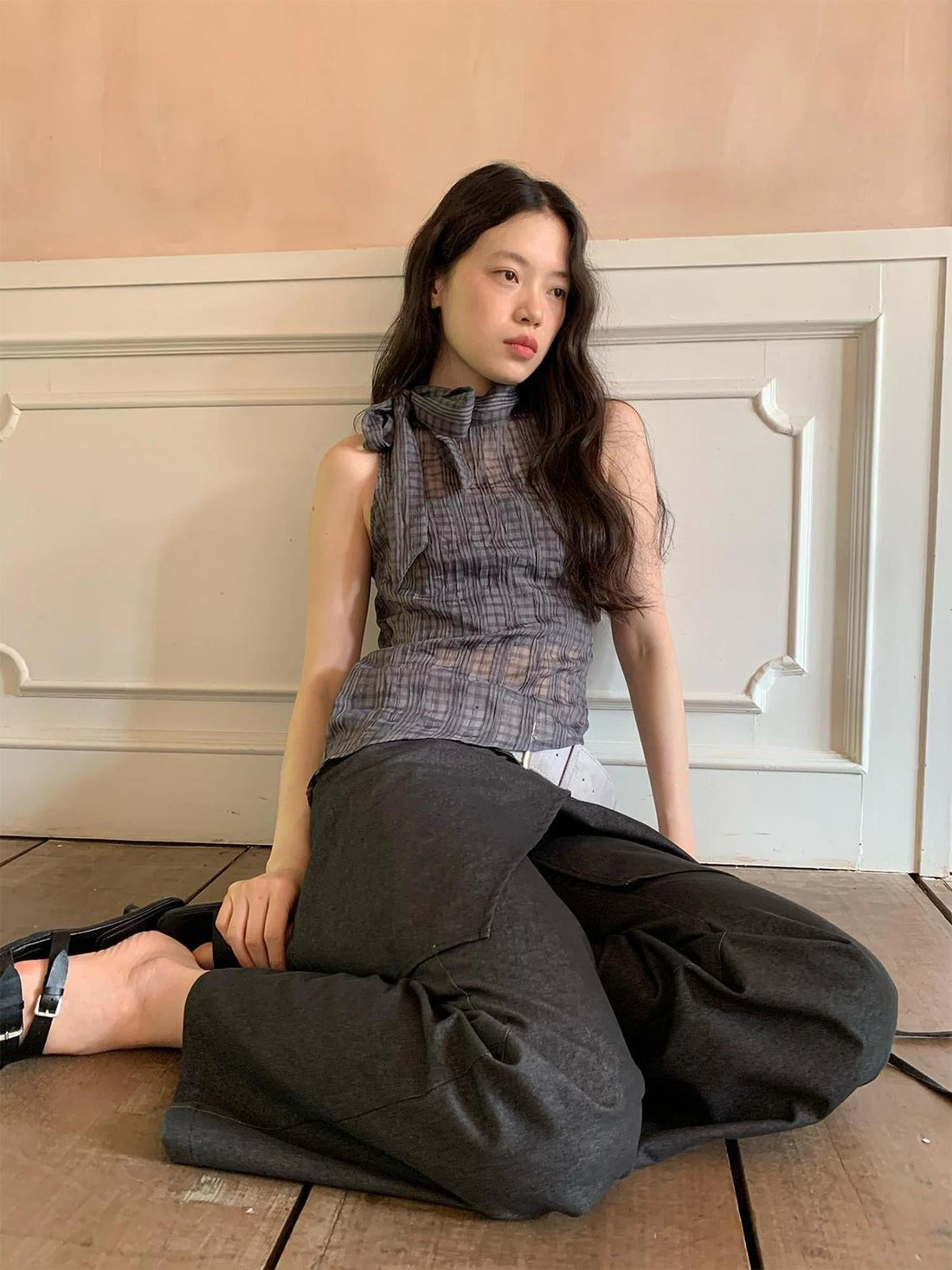 Sheer Checked High Neck Sleeveless Vest