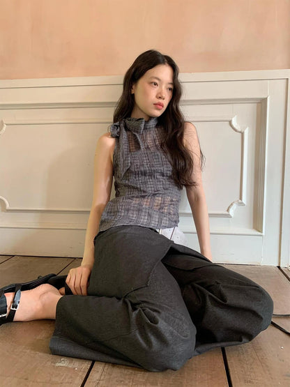 Sheer Checked High Neck Sleeveless Vest