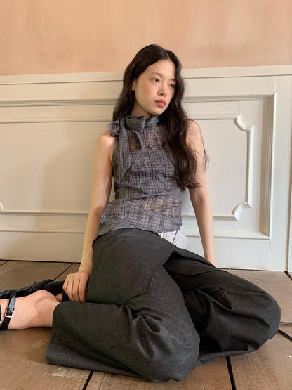 Dorydory Sheer Checked High Neck Sleeveless Vest