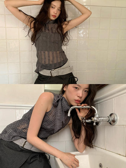 Dorydory Sheer Checked High Neck Sleeveless Vest