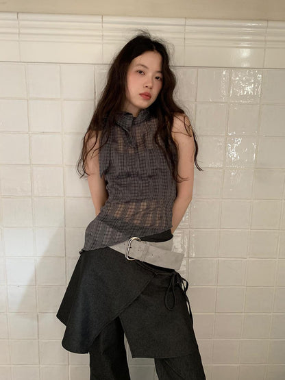 Dorydory Sheer Checked High Neck Sleeveless Vest