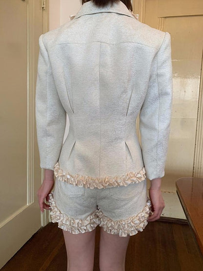 Dorydory Silver Pearl Satin Lace Cinched Waist Small Round Collar Women&