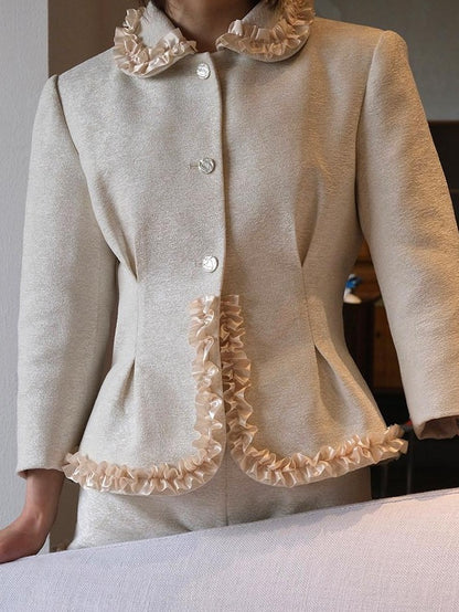 Dorydory Silver Pearl Satin Lace Cinched Waist Small Round Collar Women&