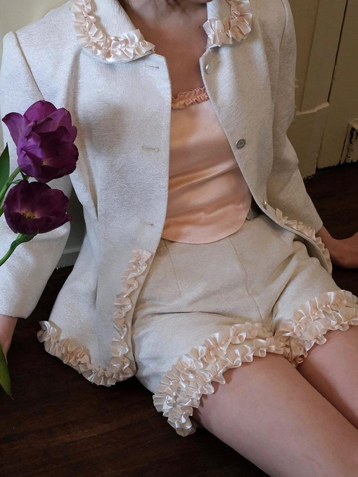Dorydory Silver Pearl Satin Lace Cinched Waist Small Round Collar Women&