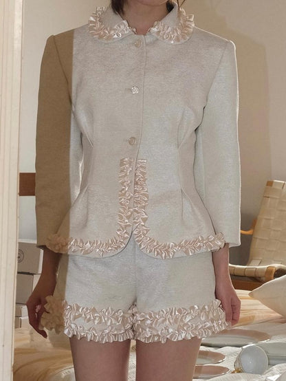 Dorydory Silver Pearl Satin Lace Cinched Waist Small Round Collar Women&