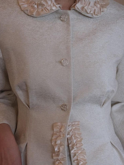 Dorydory Silver Pearl Satin Lace Cinched Waist Small Round Collar Women&