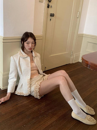 Dorydory Silver Pearl Satin Lace Cinched Waist Small Round Collar Women&