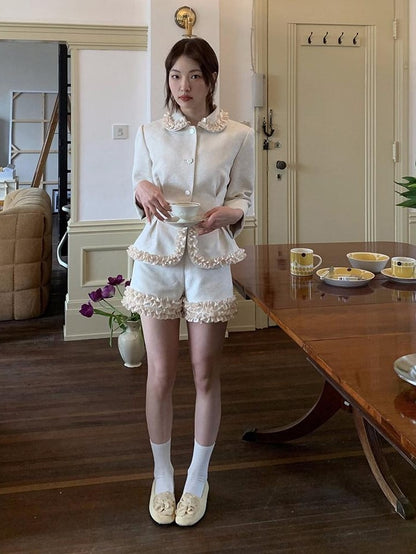 Dorydory Silver Pearl Satin Lace Cinched Waist Small Round Collar Women&