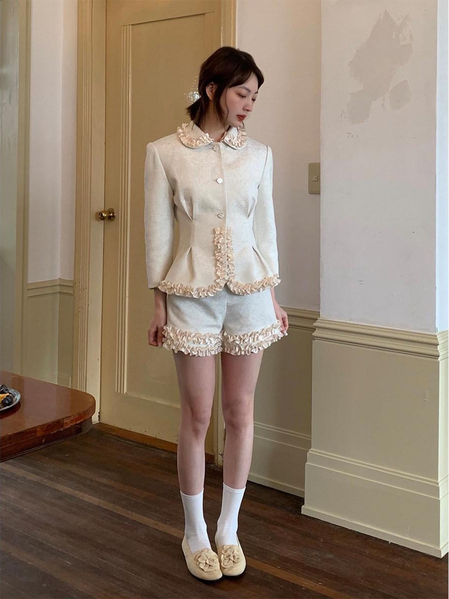 Dorydory Silver Pearl Satin Lace Cinched Waist Small Round Collar Women&
