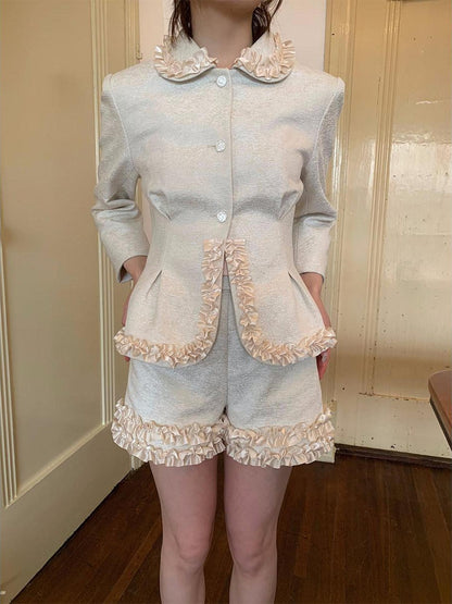 Dorydory Silver Pearl Satin Lace Cinched Waist Small Round Collar Women&