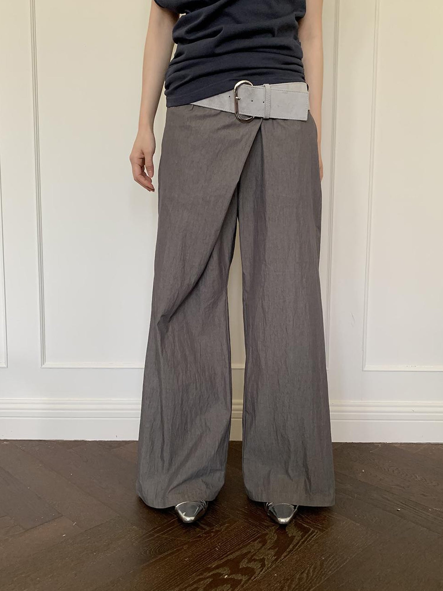 Dorydory Slant Placket Wide Leg Paper Touch Trousers