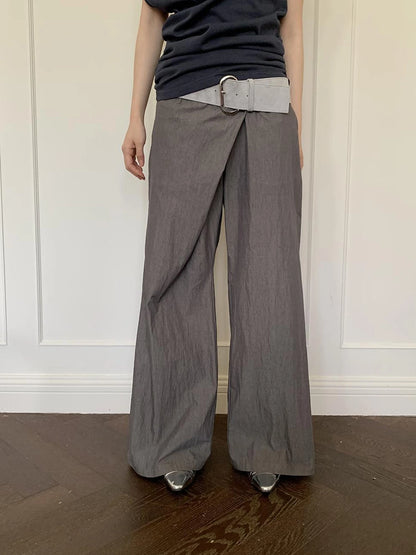 Slant Placket Wide Leg Paper Touch Trousers