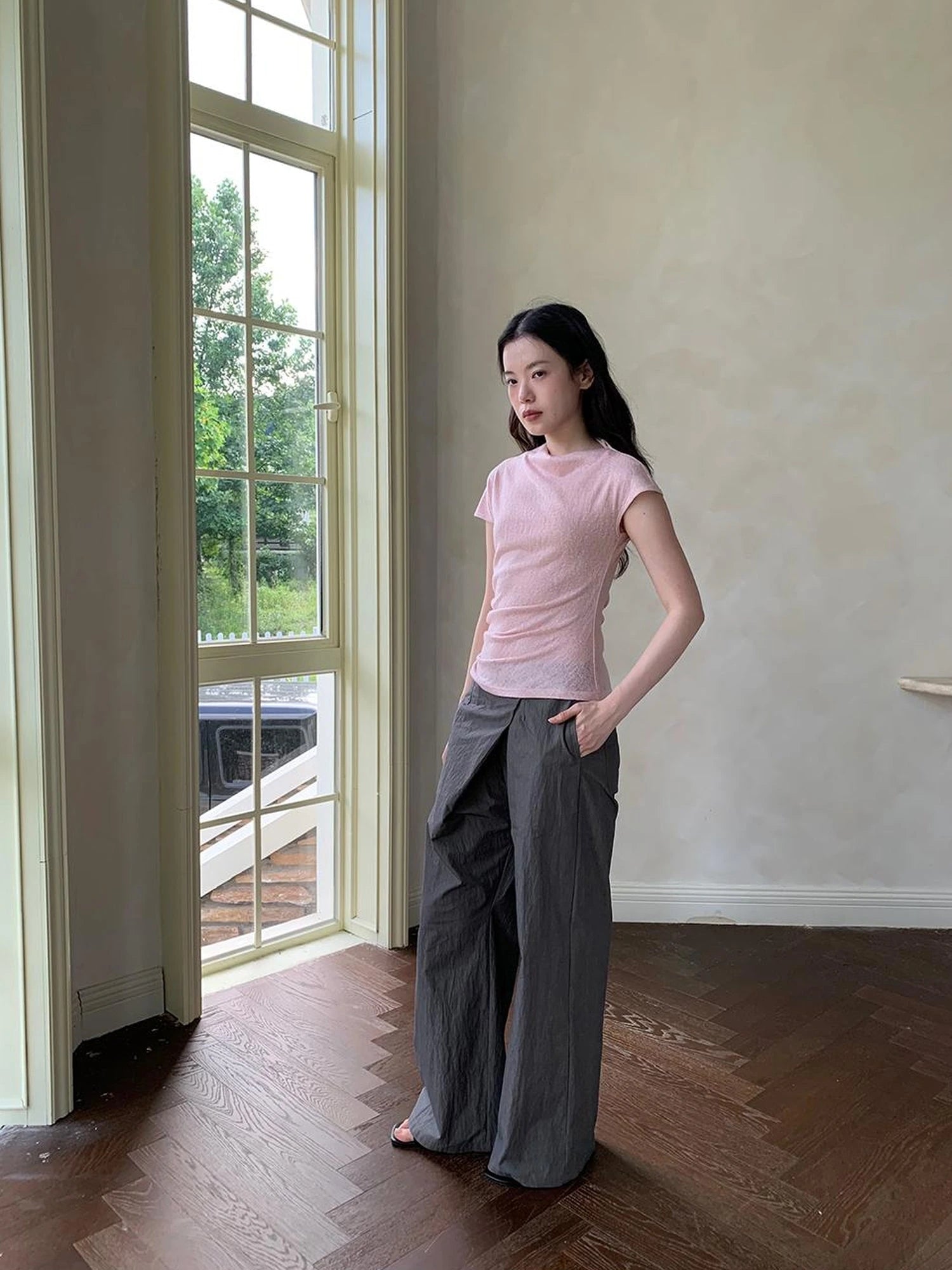 Slant Placket Wide Leg Paper Touch Trousers