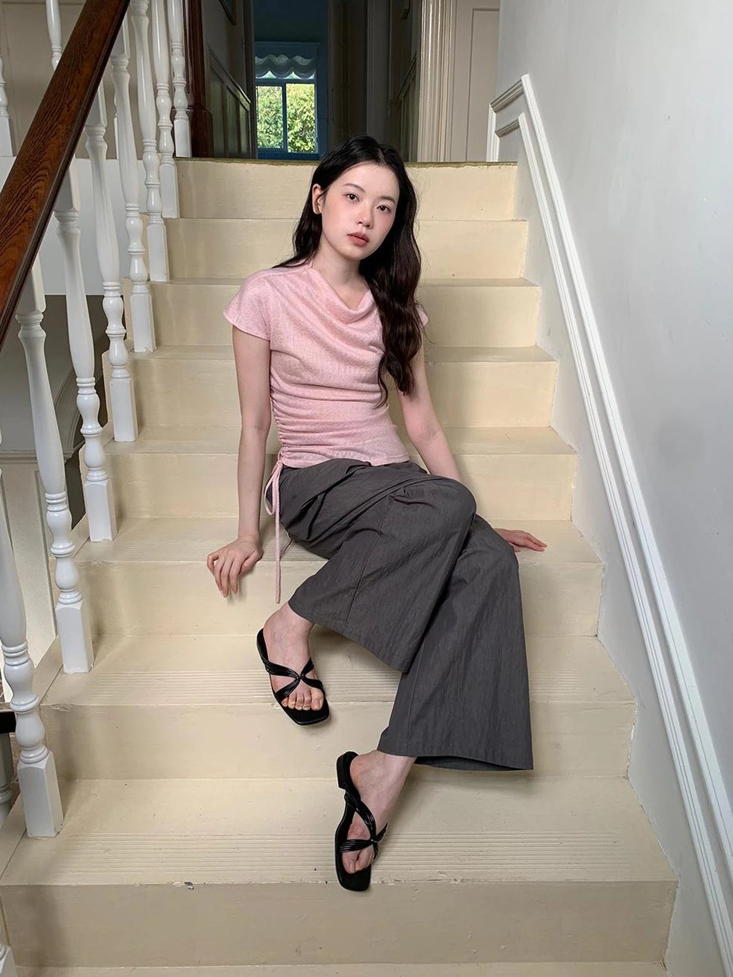 Slant Placket Wide Leg Paper Touch Trousers