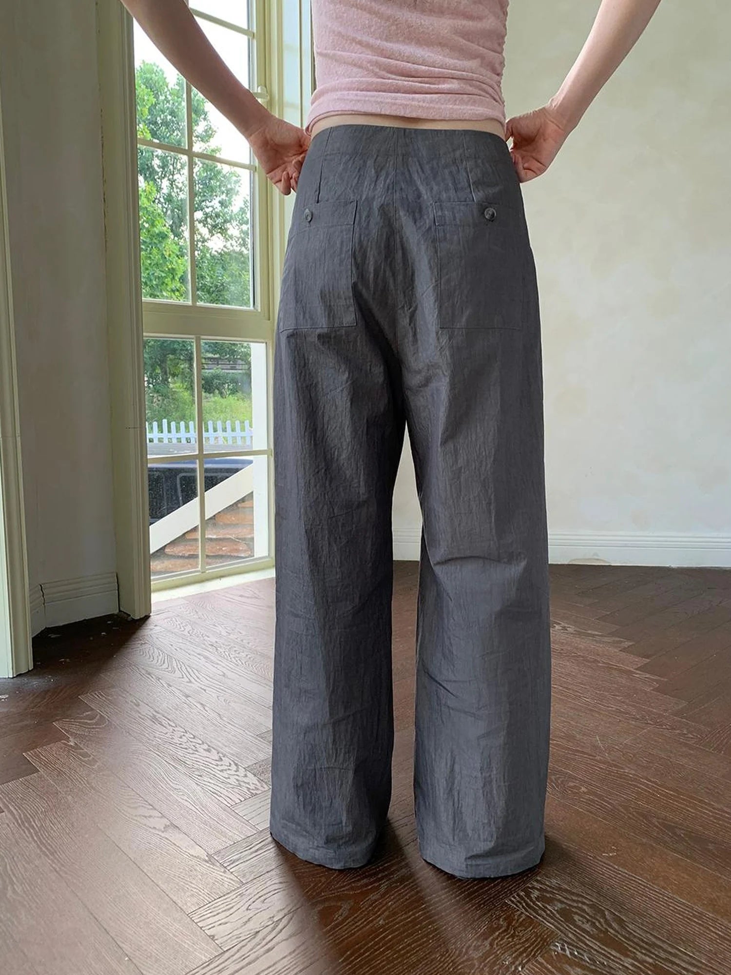 Slant Placket Wide Leg Paper Touch Trousers