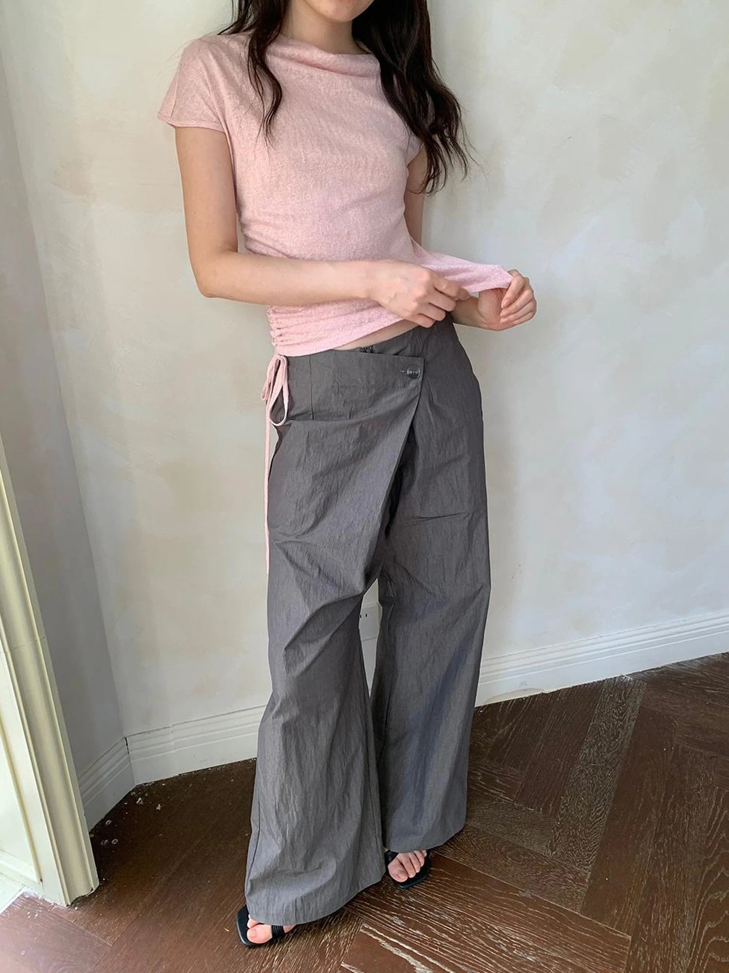 Slant Placket Wide Leg Paper Touch Trousers