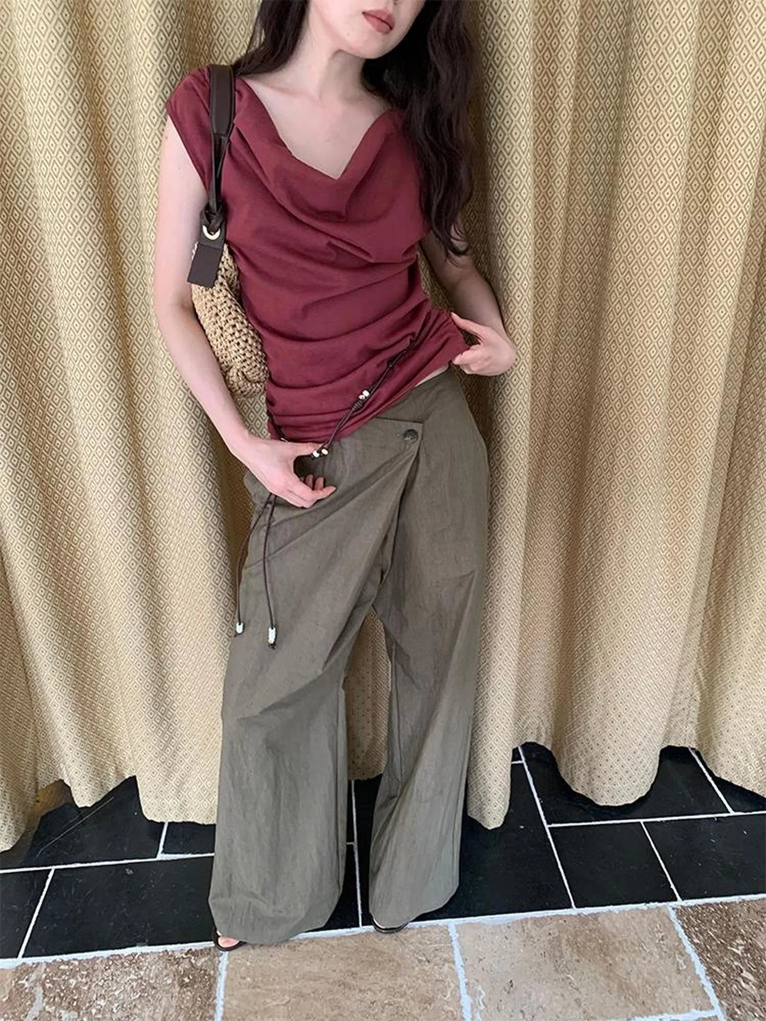 Slant Placket Wide Leg Paper Touch Trousers