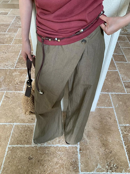 Slant Placket Wide Leg Paper Touch Trousers