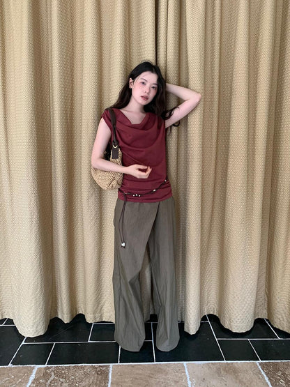 Dorydory Slant Placket Wide Leg Paper Touch Trousers