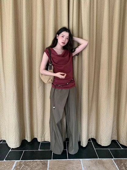 Slant Placket Wide Leg Paper Touch Trousers