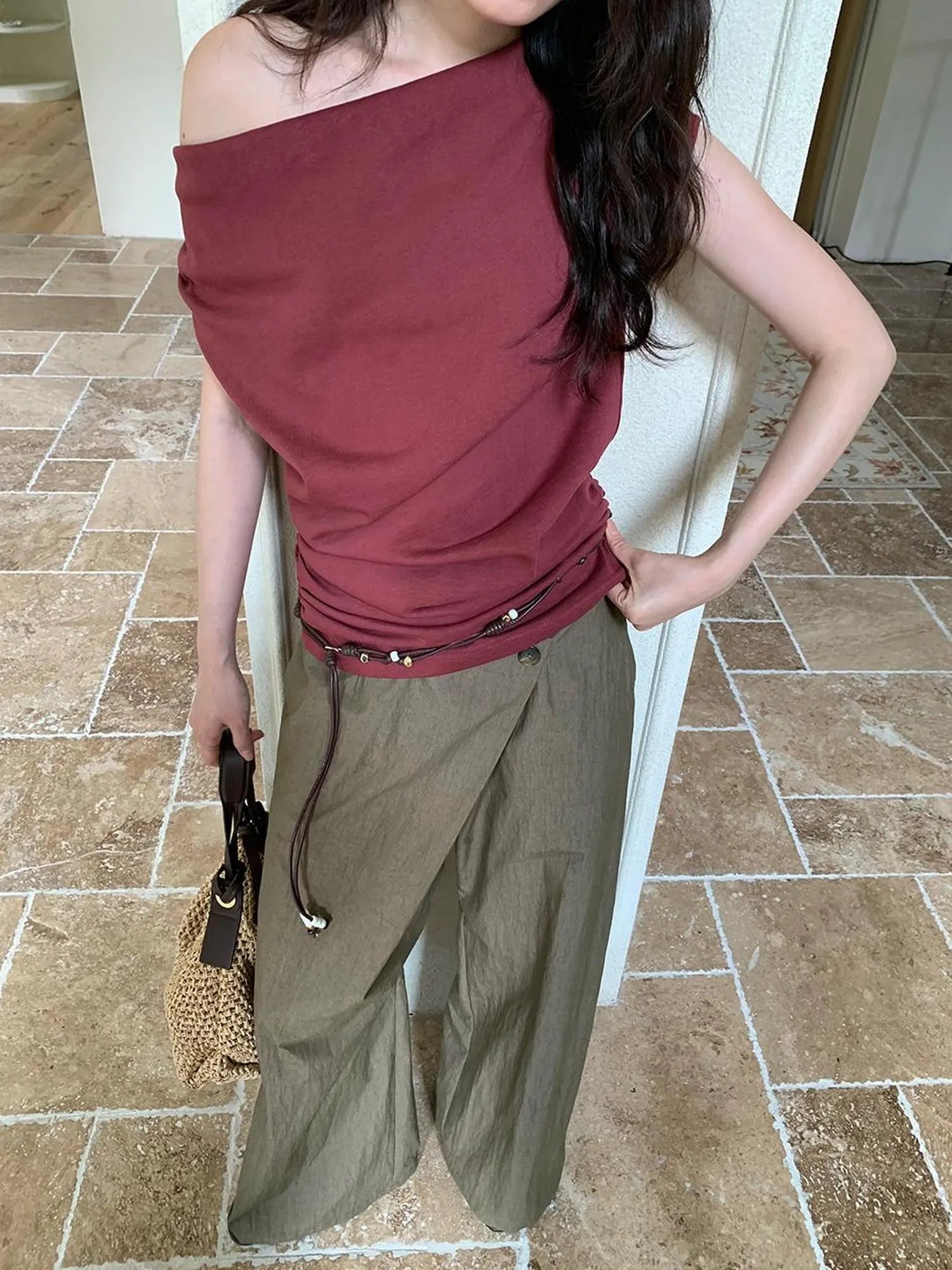 Slant Placket Wide Leg Paper Touch Trousers