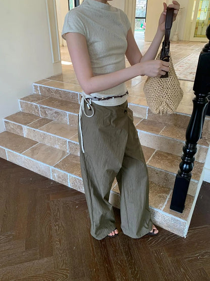 Slant Placket Wide Leg Paper Touch Trousers