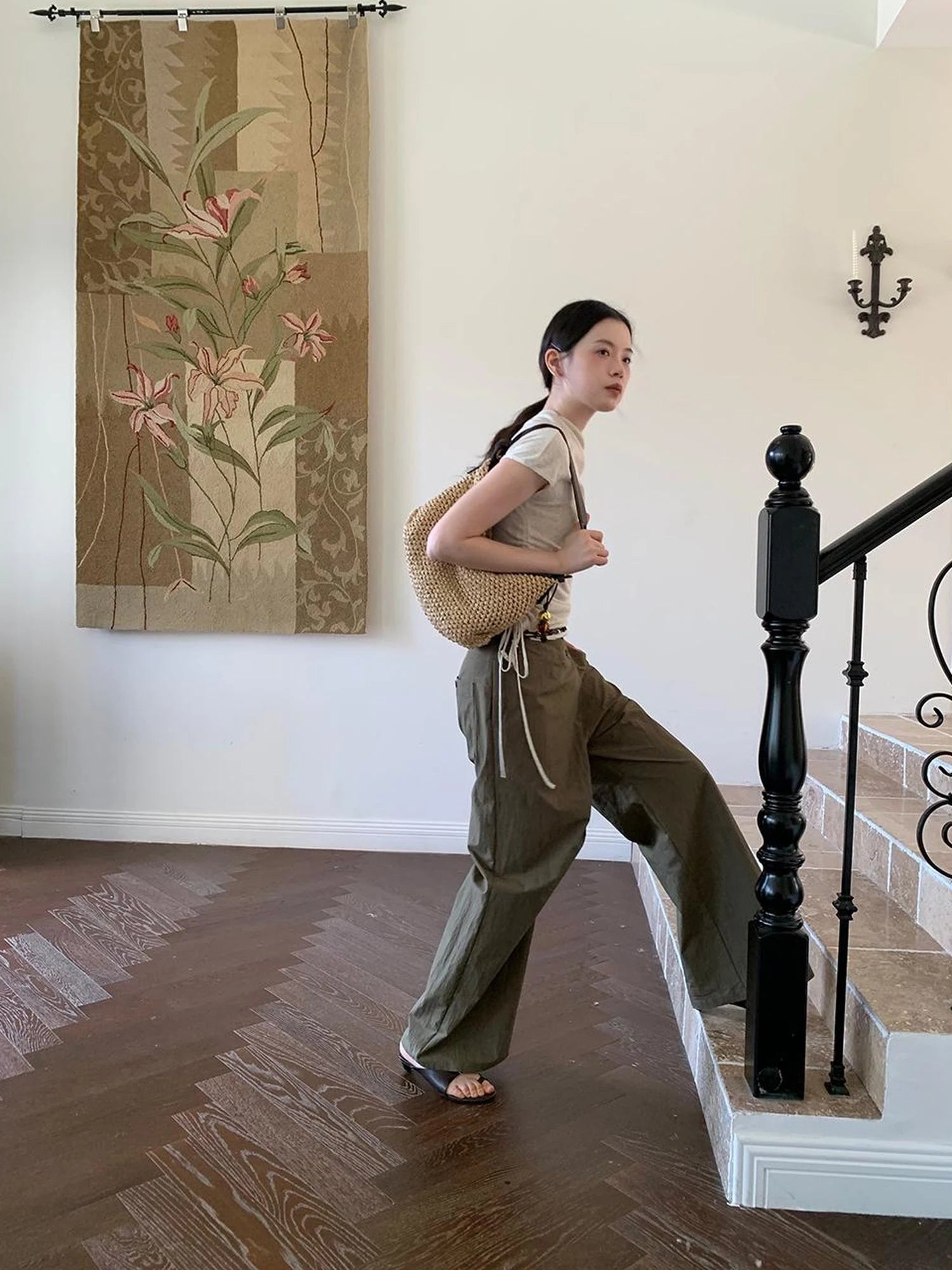 Slant Placket Wide Leg Paper Touch Trousers