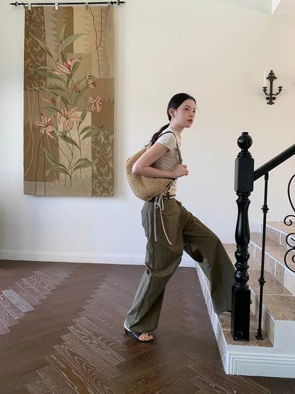 Slant Placket Wide Leg Paper Touch Trousers