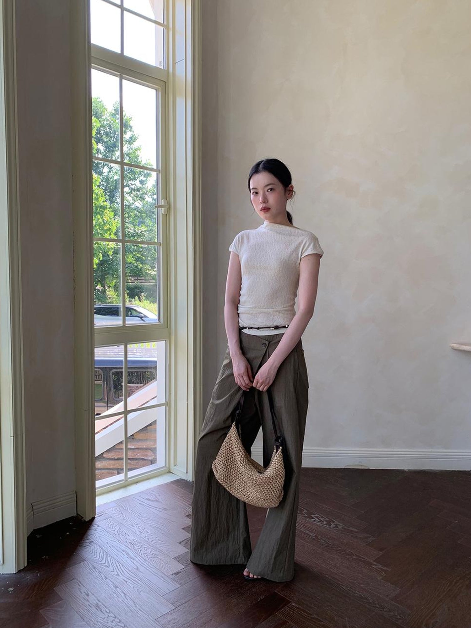 Dorydory Slant Placket Wide Leg Paper Touch Trousers