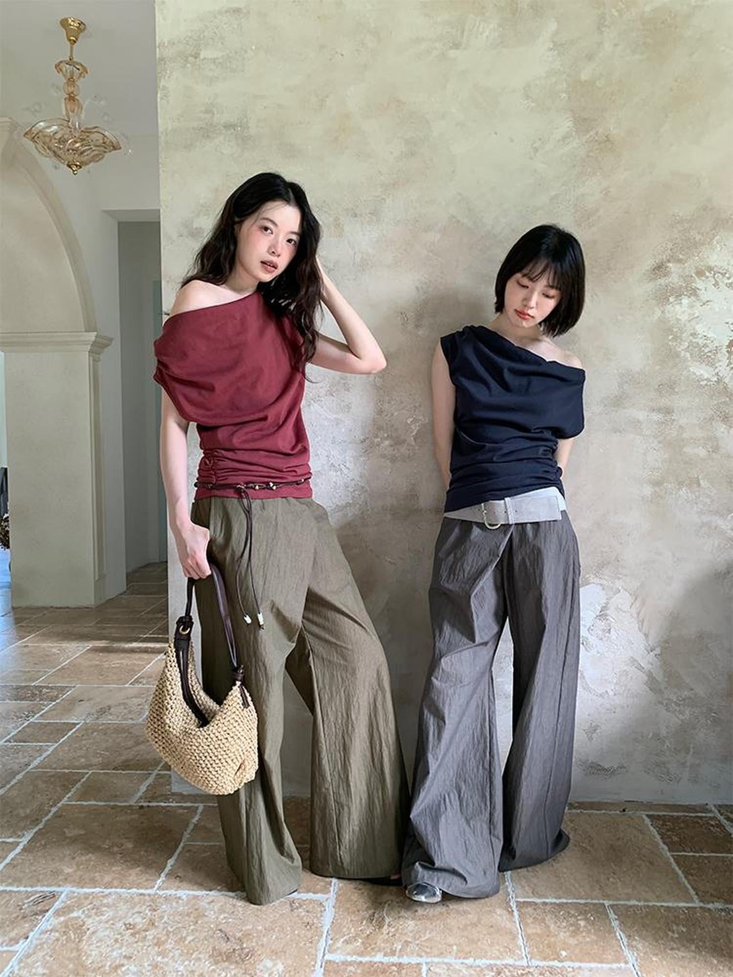 Dorydory Slant Placket Wide Leg Paper Touch Trousers