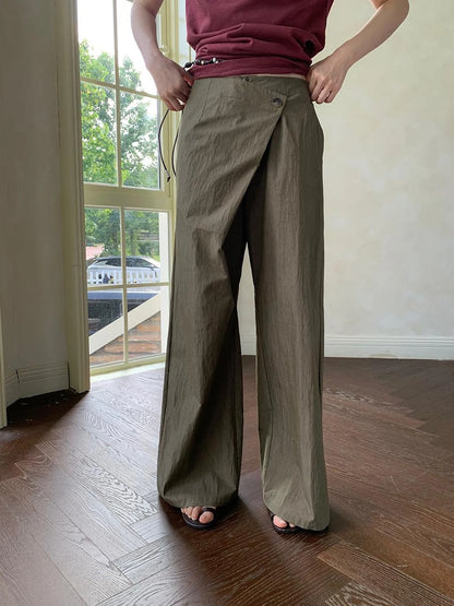 Slant Placket Wide Leg Paper Touch Trousers