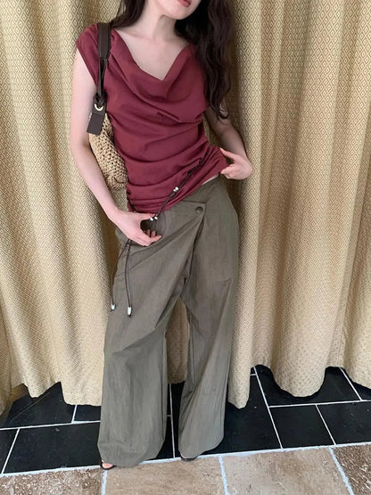 Slant Placket Wide Leg Paper Touch Trousers