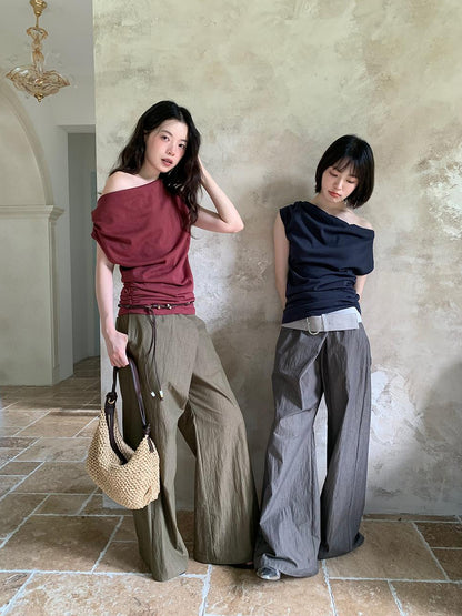Dorydory Slant Placket Wide Leg Paper Touch Trousers
