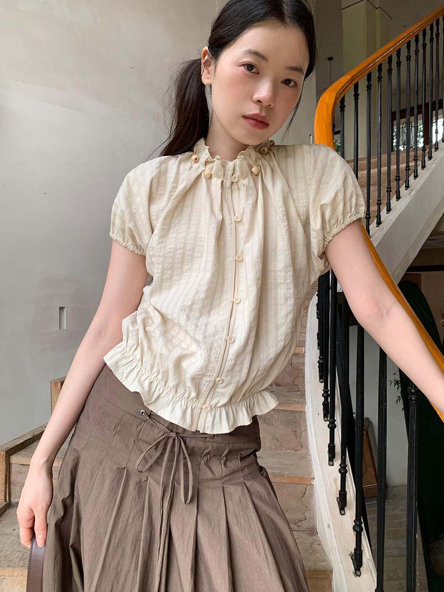 Dorydory Striped Floral Bloom Short Sleeve Blouse