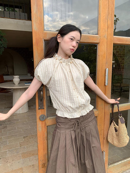 Dorydory Striped Floral Bloom Short Sleeve Blouse
