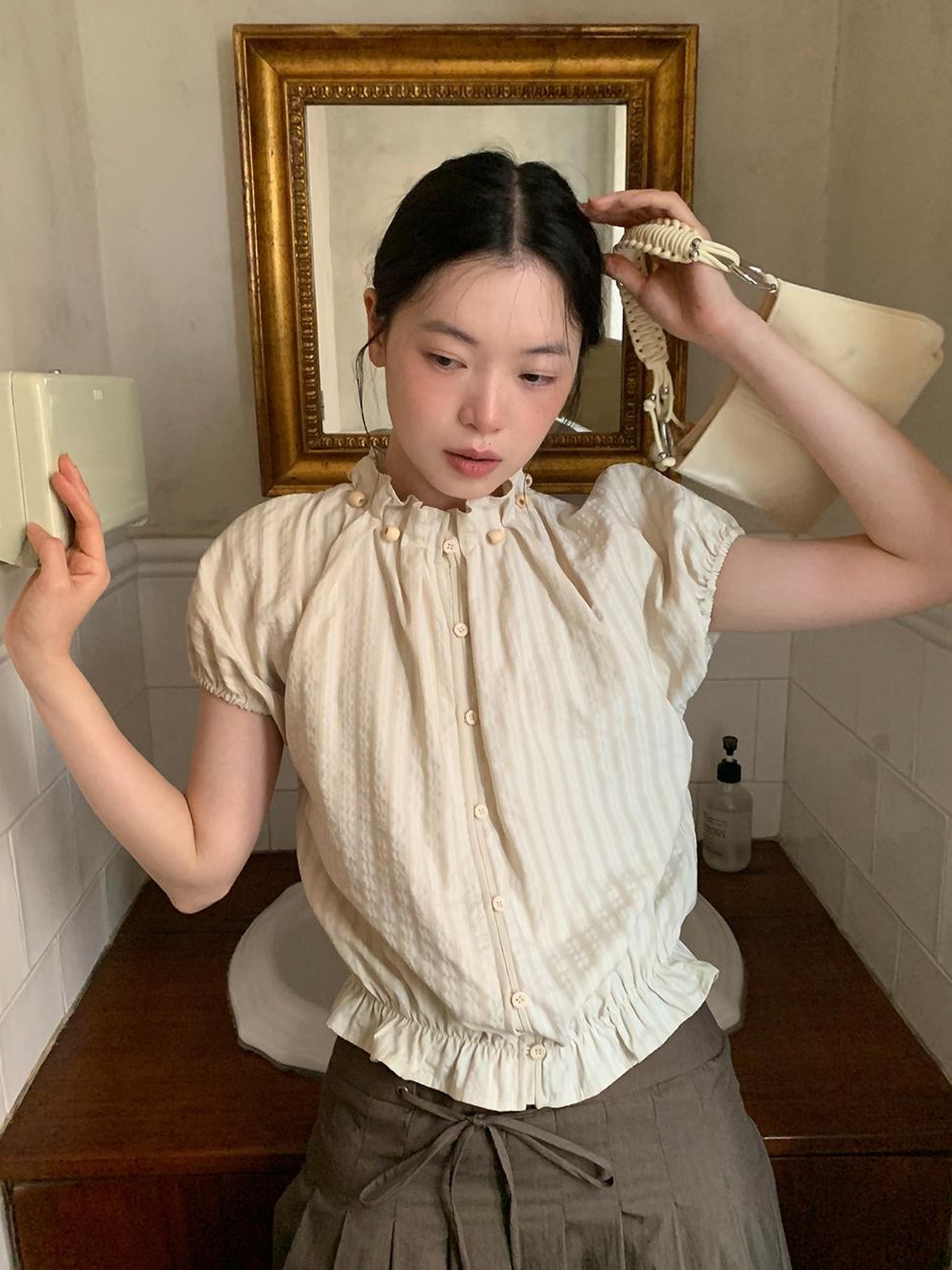 Dorydory Striped Floral Bloom Short Sleeve Blouse