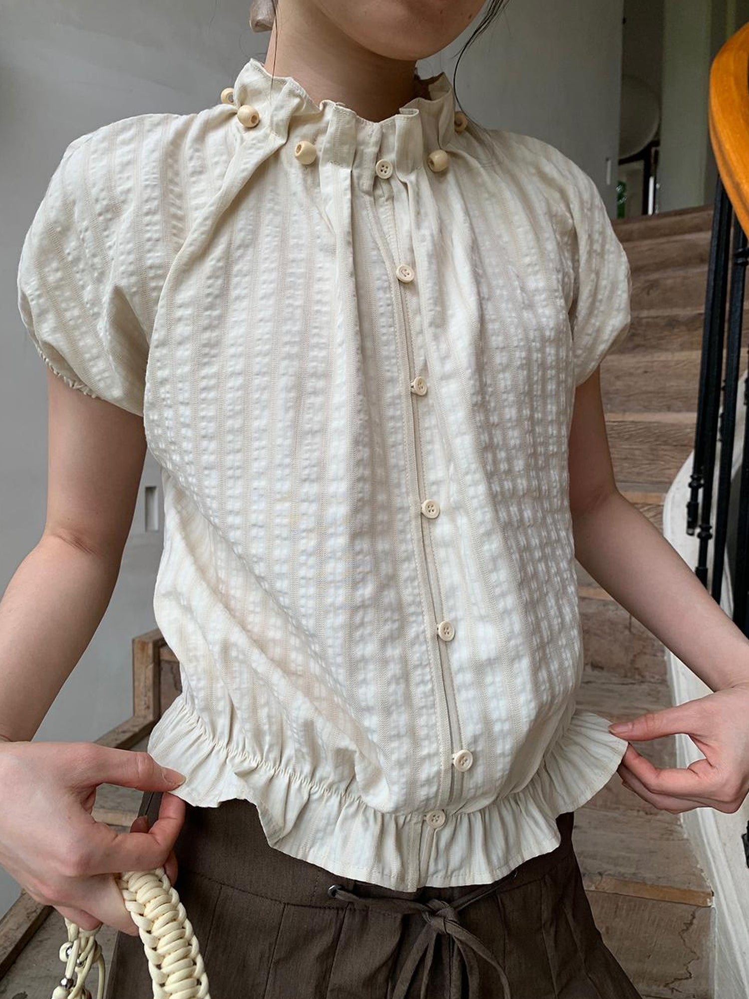 Dorydory Striped Floral Bloom Short Sleeve Blouse