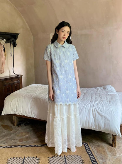 Striped Jacquette Cheongsam V-neck Dress