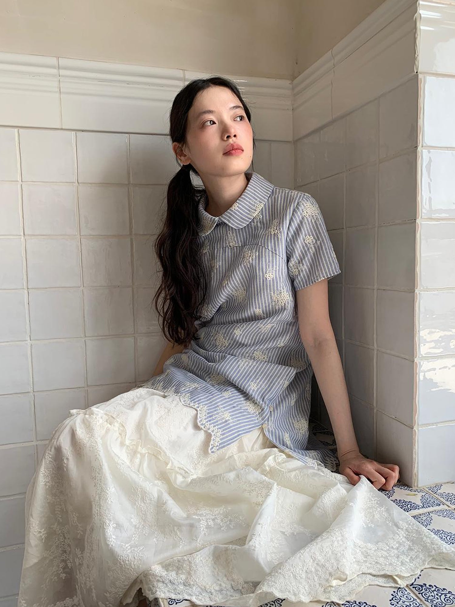Dorydory Striped Jacquette Cheongsam V-neck Dress